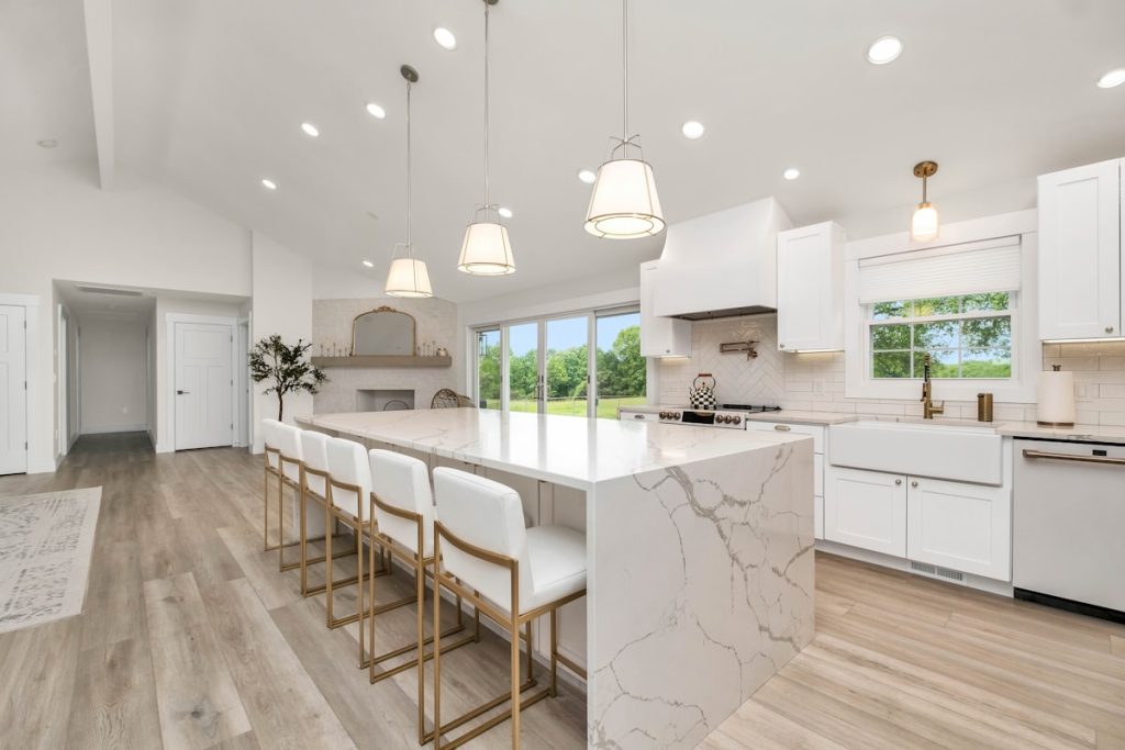Remodeled kitchen with marble island